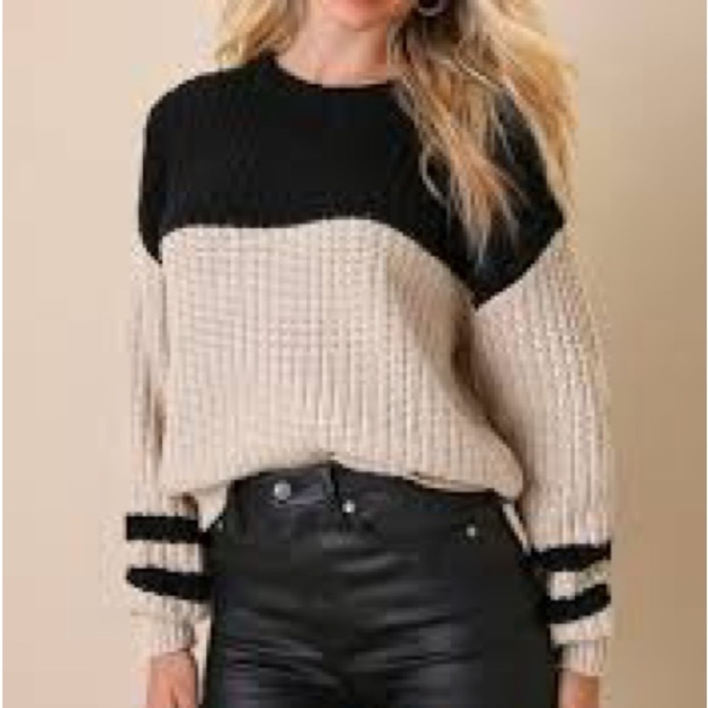Z Supply Colorblock Lyndon Black‎ and Cream Crew Neck Sweater